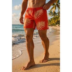 Brixton Swim Trunks Mens XL Red Palm Print Voyage Elastic Waist Shorts NWT